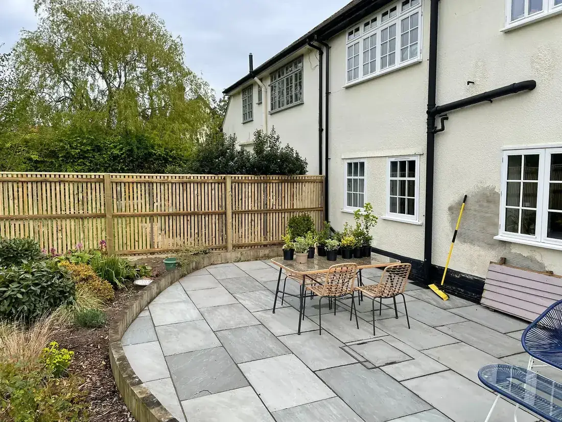 Finished patio and garden paving beside a property